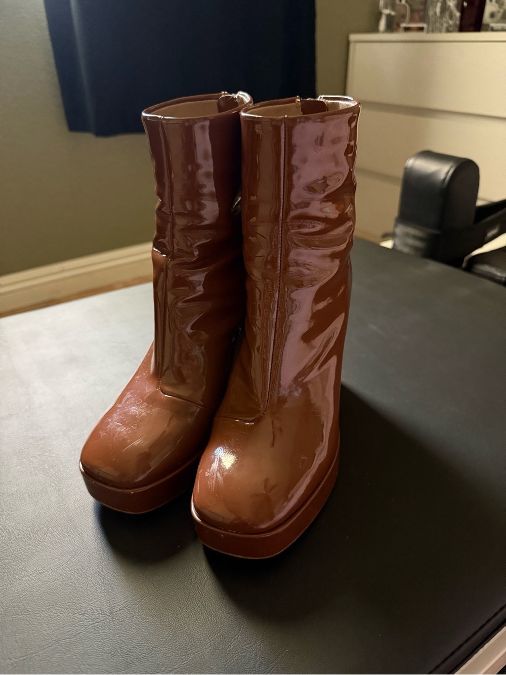 Steve Madden Patent Mid-Calf Platform Boots in Brown